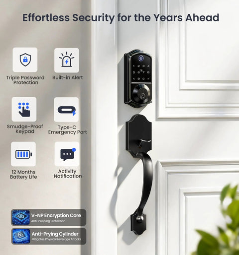 Eight In One Fingerprint Smart Door Lock With Integrated Touchscreen Keypad And Heavy Duty Zinc Alloy Handle Designed For Seamless Keyless Entry Hella Secure Matte Black Edition, close-up of keypad.