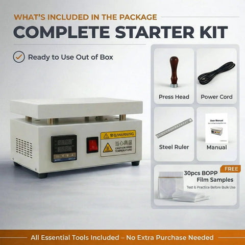 Hassle Free Manual Shrink Wrap Heat Sealer For Bopp And Pvc Film Smooth Overwrapping Packing Tool For Perfume Cosmetics Gift Boxes Quick Heat Up Digital Temp Control Clean Tight Wrap Shop Grade Toughness complete starter kit with press head, power cord, and steel ruler.