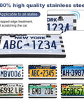 Multiple license plates displayed with 2 Pack Stainless Steel License Plate Frames With Screw Caps, rustproof and durable.