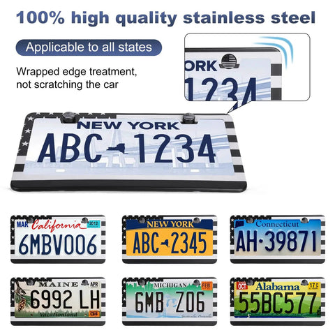 Multiple license plates displayed with 2 Pack Stainless Steel License Plate Frames With Screw Caps, rustproof and durable.