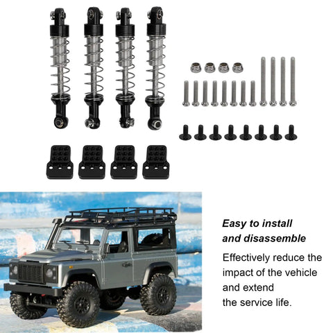 Adjustable Oil Shock Absorbers For 1/18 1/16 RC Crawlers, 4 Piece Metal Black Shocks Upgrade Kit with installation parts and RC model