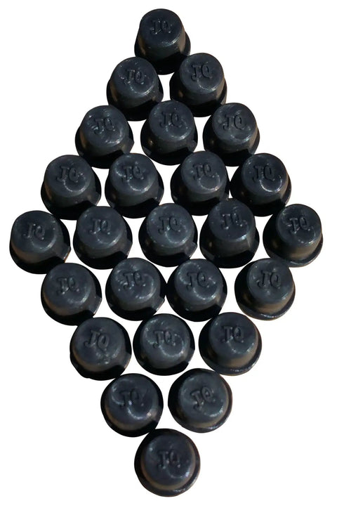 24 black 25 Pack Brake Bleeder Screw Caps And Grease Zerk Dust Covers arranged in a pyramid. Rubber caps keep dirt and moisture out of caliper bleeder screws and zerks.