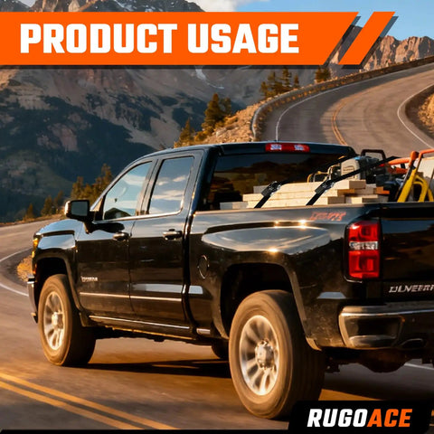 Black truck using Heavy Duty Ratchet Tie Down Straps 1 Inch By 10 Feet 900 Lbs Break Strength 8 Pack for secure hauling.