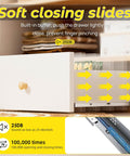 Bottom Mount Soft Close Drawer Slides With Full Extension Concealed Rails, 12 15 18 21 24 Inch Options, 80 Lb Load Capacity Per Pair shown installed in a drawer, highlighting smooth and quiet closing.