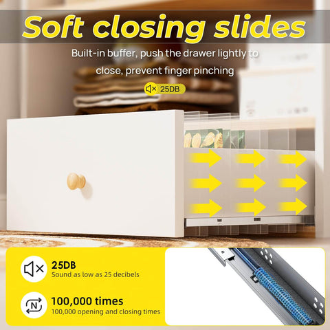 Bottom Mount Soft Close Drawer Slides With Full Extension Concealed Rails, 12 15 18 21 24 Inch Options, 80 Lb Load Capacity Per Pair shown installed in a drawer, highlighting smooth and quiet closing.