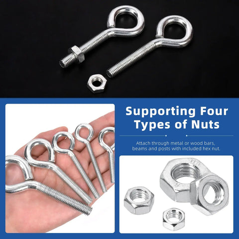 Heavy Duty Stainless Steel Eye Bolt And Nut Kit With Five Sizes Welded Closed Eye Screws For Indoor And Outdoor Hanging 116 Pieces With Nuts DIY Rigging And Ceiling Or Deck Hangers, stainless eye bolts and hex nuts
