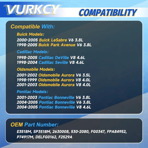 Electric Fuel Pump Assembly For Buick LeSabre Park Avenue Cadillac DeVille Seville Oldsmobile Aurora Pontiac Bonneville Replaces E3518M Drop In Replacement Plug And Play With Easy Install compatibility chart