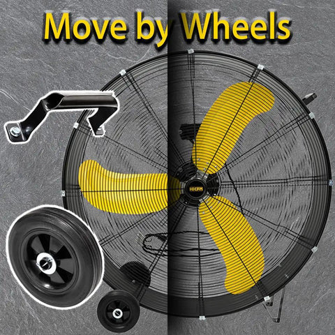 Industrial 36 Inch Drum Fan Workhorse With Heavy Duty Metal Construction 18600 CFM showing wheels and handle for portability