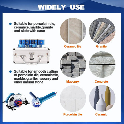 Vacuum Brazed Diamond Hole Saw and Drill Bit Set uses for porcelain tile, ceramic, marble, granite drilling, with visual examples.
