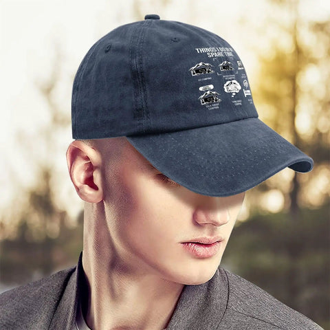 Man wearing Funny Things I Do In Spare Time RV Camper Hat For Men Navy Washed Distressed Chill Outdoor Cap For Travel Camping Hiking