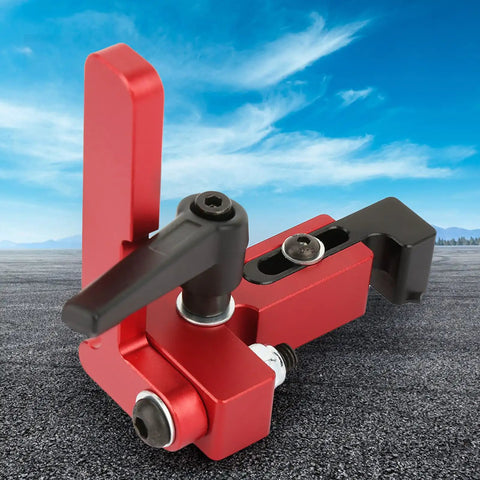 Premium Aluminum T Track Stop For Woodworking Machinery Precision Miter Fence Guide And Slide Chute Length Limiter Shop Staple, red and black design.