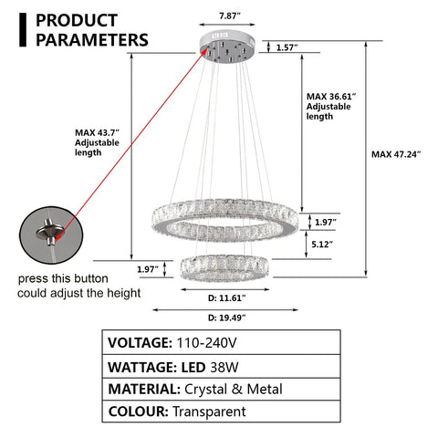 Double Ring Crystal Chandelier Pendant Light With Adjustable Height, LED Ceiling Fixture, 38W, Multi Color LED, White Warm Natural Light, 19.49 And 11.61 Inch Diameters, DIY Flexible Cable Design