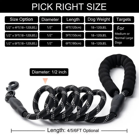 2 Pack Heavy Duty Dog Leashes With Padded Handle And Reflective Nylon Rope For Small Medium And Large Dogs, black leash sizes