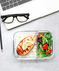 Glass Meal Prep Containers Set With Two Compartments 36 Oz Each Premium Borosilicate Glass Upgraded Snap Lock Lids filled with food