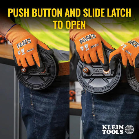 Tie Wire Reel With Quick Lock And Lightweight Aluminum Body, Ambidextrous Rewind Knob, Fits 12 to 18 Gauge Wire, Easy Spool Replacement And Locking Latch For Hassle Free Rewinding, Durable Pro Grade Tool Accessory shown with push button operation.