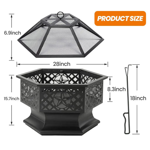 Hexagon 28 Inch Wood Burning Fire Pit With Spark Screen And Poker, black durable steel, dimensions with included poker