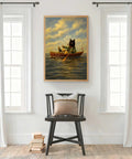 Vintage Cat Rowboat Framed Wall Art Cozy Coastal Ocean Scene Print For Living Room Bedroom Dorm Office Retro Aesthetic