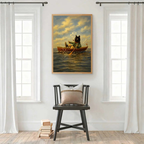 Vintage Cat Rowboat Framed Wall Art Cozy Coastal Ocean Scene Print For Living Room Bedroom Dorm Office Retro Aesthetic