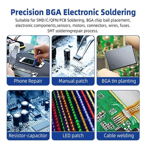 Sn63 Pb37 Tin Solder Paste For Electronics Soldering Flux 183 C Melting Point 20 To 38 Micron Tin Paste For PCB IC BGA And SMD Repair 3 Pack Bubble Free Crack Free Smooth Bright Joints usage guide showing various soldering processes
