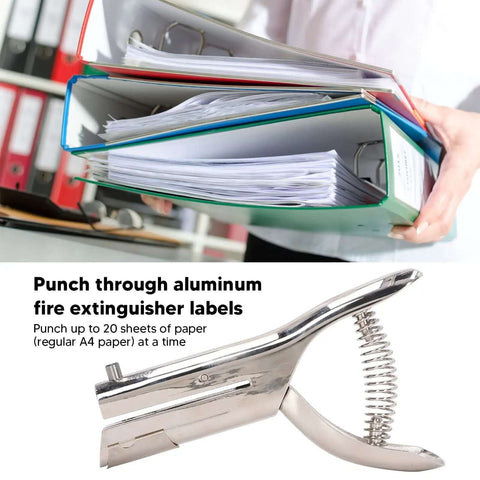 Heavy Duty Hand Held Hole Punch Built Tough With All Metal Construction, 20 Sheet Capacity placed next to stacked folders