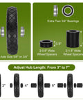 Pontuss 16-inch flat-free wheel for wheelbarrow; knobby tire with bearings, spacers, and adjustable hub.