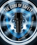 High Carbon Steel Wheel Bolts M14 X 1.5 Thread Pitch Black Coated Heavy Duty Lug Studs against a vehicle wheel background.