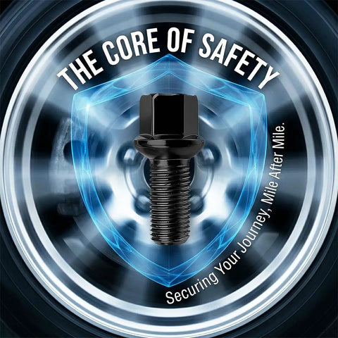 High Carbon Steel Wheel Bolts M14 X 1.5 Thread Pitch Black Coated Heavy Duty Lug Studs against a vehicle wheel background.
