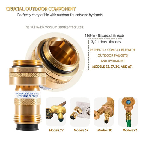Vacuum Breaker Replacement For Outdoor Faucets And Hydrants, Brass Anti-Siphon Backflow Preventer, Model 50HA-BR close-up view