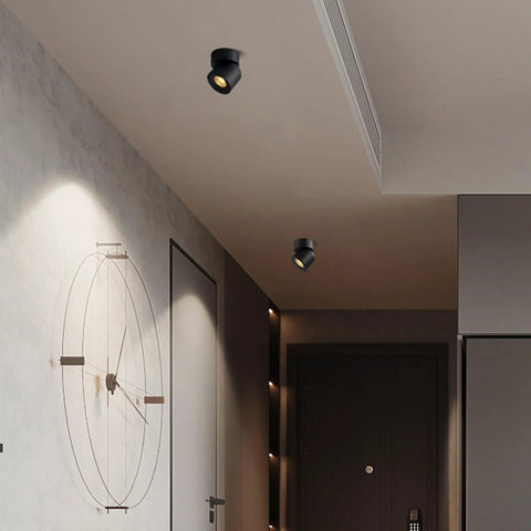 2 Pack LED COB Adjustable Ceiling Spotlight Surface Mounted 7W 3000K Warm White Black Aluminum Spotlight in modern hallway
