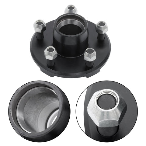 Front view of Amazon trailer hub kit with BT16 square spindle, 4.5-inch black steel hub and five studs