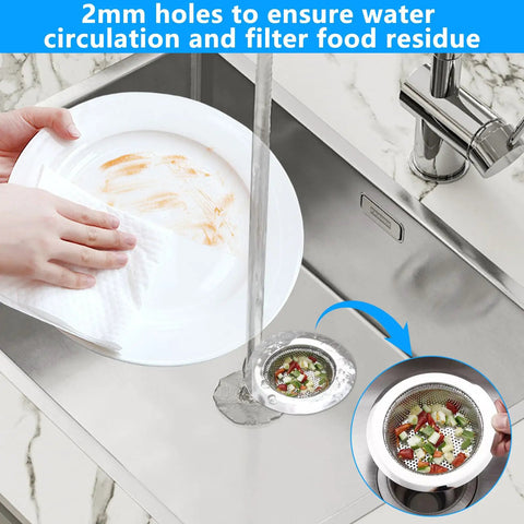 Set Of Two Sink Drain Strainers Keeping Your Pipes Free Of Nasty Gunk While Trapping Messy Hairballs So You Can Kick Clogs To The Curb Featuring A Deep Basket Fit For Bath Or Kitchen Basin with food debris in sink.
