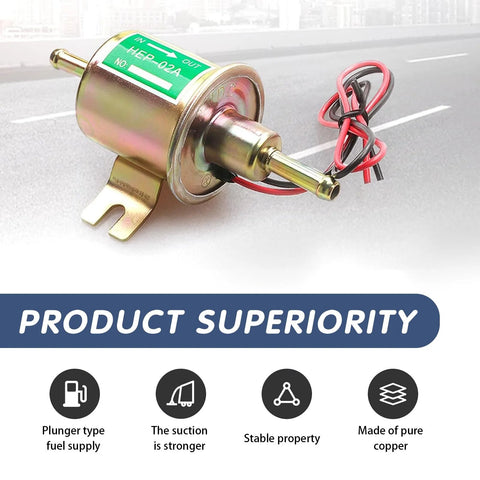 12V Inline Fuel Pump Beefy Low Pressure 3 To 5 Psi Copper Clad Body Model HEP 02A shown with wiring and durability features