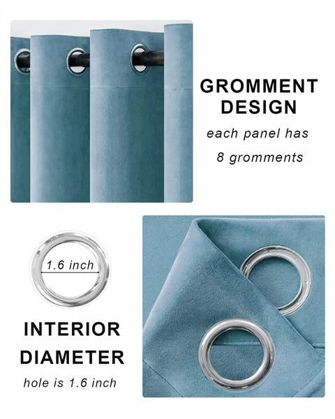 Sky Blue Velvet Curtains 72 Inch Long With Grommets, showing close-up of metal grommets and 1.6 inch interior diameter.