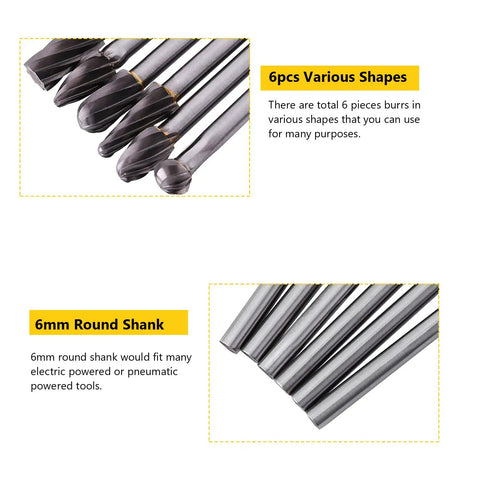 6pcs 6mm Shank Tungsten Carbide Rotary Burr Set For Die Grinder Aluminum 10mm Head Heavy Duty Metal And Stone Shaping Bits