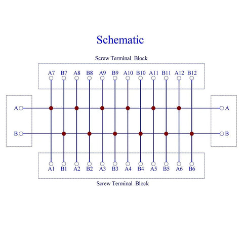 Schematic of 16 Amp 2x12 Position Screw Terminal Block Distribution Module For AC And DC Power Systems 48V Max Supports Extension Modules