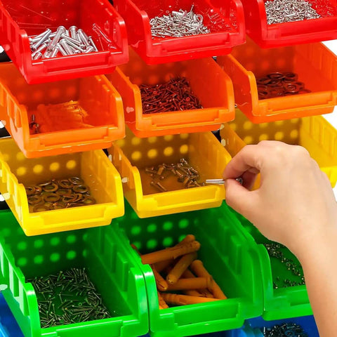 All In One Wall Mounted Storage Bins Kit For Tools And Hardware With Pegboard Organizer Rack And 30 Bins In Five Color Parts