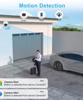 Outdoor view showing 4MP PoE IP Dome Camera With Built In Microphone For Indoor Outdoor Surveillance, 98ft Night Vision, IP66 Weatherproof, 2.8mm Wide Angle Lens, 24/7 Recording, NDAA Compliant, Wired Security Cam detecting motion near a garage and car with alert notifications.