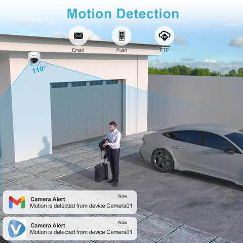 Outdoor view showing 4MP PoE IP Dome Camera With Built In Microphone For Indoor Outdoor Surveillance, 98ft Night Vision, IP66 Weatherproof, 2.8mm Wide Angle Lens, 24/7 Recording, NDAA Compliant, Wired Security Cam detecting motion near a garage and car with alert notifications.
