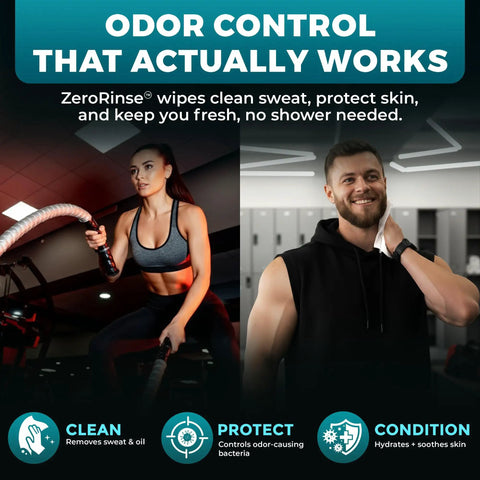Woman exercising and man using Body Wipes For Men After Gym No Rinse Shower Sheets Full Body Cleanse 50 XL Wipes Plus 4 Travel Sachets