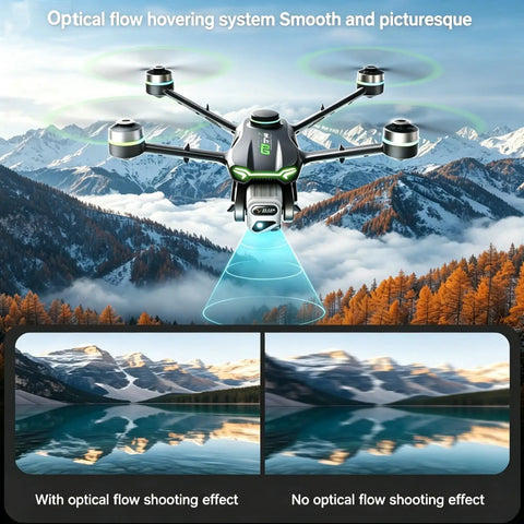 Camera Drone With GPS For Beginners And Vloggers, 40 Minute Flight, Dual Batteries, 5G FPV Live Video hovering over scenic mountains