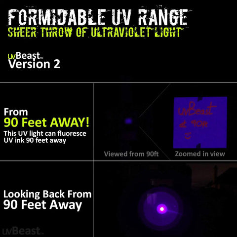 V2 Black Light UV Flashlight With High Definition Beam And Flood Effect 385-395nm Ultraviolet Torch showing 90 feet range