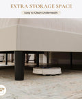 King Size Velvet Bed Frame With Adjustable Channel Tufted Headboard In Chic White Upholstery showing extra storage space underneath.