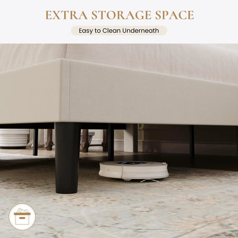 King Size Velvet Bed Frame With Adjustable Channel Tufted Headboard In Chic White Upholstery showing extra storage space underneath.