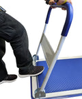 Heavy Duty Foldable Push Cart Dolly With 330 Lb Capacity Collapsible Hand Truck folding handle in use, blue platform base