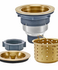 Three And One Half Inch Brass Kitchen Sink Drain Kit With Stainless Steel Construction Includes Strainer Basket Waste Basket Strainer Assembly And Sealing Lid For Standard Openings From Three Point Two Three To Four Point Four Five Inches, showing brass and stainless steel components.