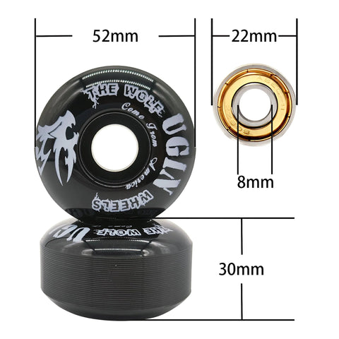 52mm 95A Skateboard Wheels with Tool Set and Bearings Spacers and Washers Included, Black Decks Durable Polyurethane, shown with measurements