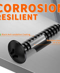 100 Pack Black Coated Size Six 1 3/4 Inch Full Thread Truss Head Phillips Wood Screws Built Like A Tank From Top Grade 18 8 Stainless Steel showing black anti-oxidation coating.