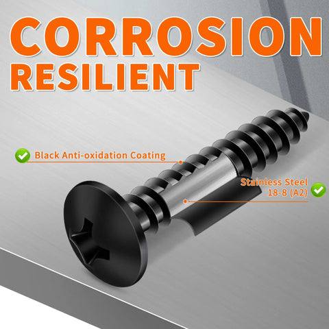 100 Pack Black Coated Size Six 1 3/4 Inch Full Thread Truss Head Phillips Wood Screws Built Like A Tank From Top Grade 18 8 Stainless Steel showing black anti-oxidation coating.