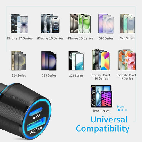 45W PD USB C Car Charger With QC3 Dual 12V Lighter Ports And Three Foot Type C Cable Fast Charge; compatible with multiple devices