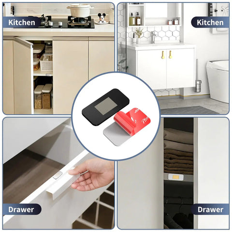 Ultra Thin No Drill Magnetic Cabinet Catch 15 Pack In Black Stainless Steel installed in kitchen and drawer settings